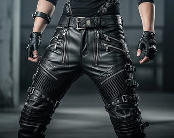 May include: Black leather pants with multiple zippers, buckles, and ribbed detailing. The pants have a fitted design and a belt with a silver buckle. The image also shows black leather gloves and a black long-sleeve shirt.
