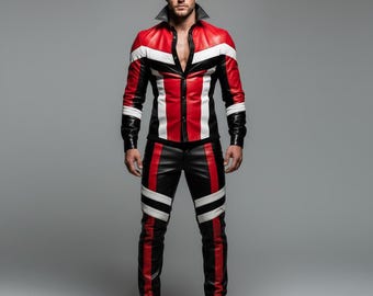 Red Black Leather Suit Men | Biker Leather Outfit Set | Slim Fit Leather Shirt Pants | Gothic Moto Style | Custom made outfit