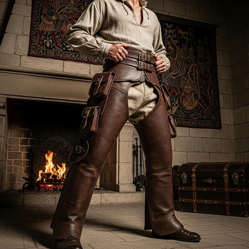 Men’s Brown Leather Medieval Chaps – Buckled Fantasy Armor Pants ...