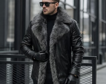 Abrigo de invierno de cuero negro hecho a mano | Abrigo largo con ribete de piel para mujer | Elegante conjunto navideño personalizado