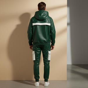 May include: A green leather hoodie with a white stripe across the back, paired with matching green leather pants. The pants feature white pockets. The outfit is completed with white sneakers.
