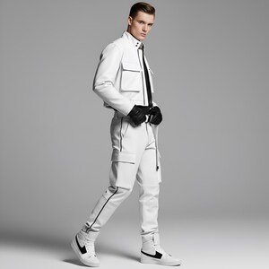 May include: A white jacket with multiple pockets, paired with matching white pants featuring black trim. The outfit is completed with high-top sneakers with black accents and black gloves. The overall look is modern and stylish.