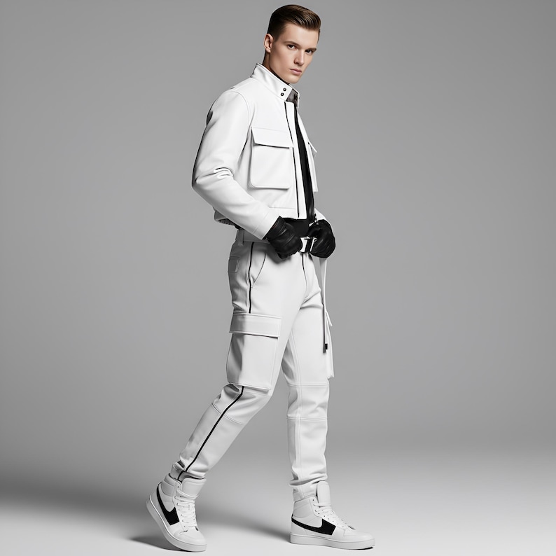 May include: A white jacket with multiple pockets, paired with matching white pants featuring black trim. The outfit is completed with high-top sneakers with black accents and black gloves. The overall look is modern and stylish.