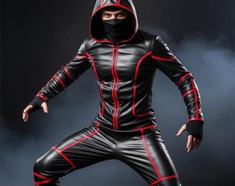 Black and Red Leather Ninja Outfit for Men | Genuine Leather Hooded Jacket & Pants Set | Handmade Custom Cosplay Costume