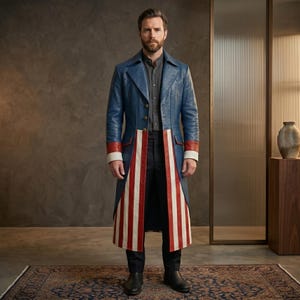Puede incluir: Un abrigo largo de cuero azul con un patr&oacute;n de rayas verticales rojas y blancas en los paneles frontales inferiores, cuello de solapa, mangas largas con pu&ntilde;os rojos y blancos y cierre de botones sobre una camisa gris oscuro y pantalones negros.