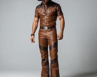 Mens Brown Leather Western Outfit | Cowboy Leather Shirt and Pants Set | Two Tone Leather Suit | Handmade western style outfit