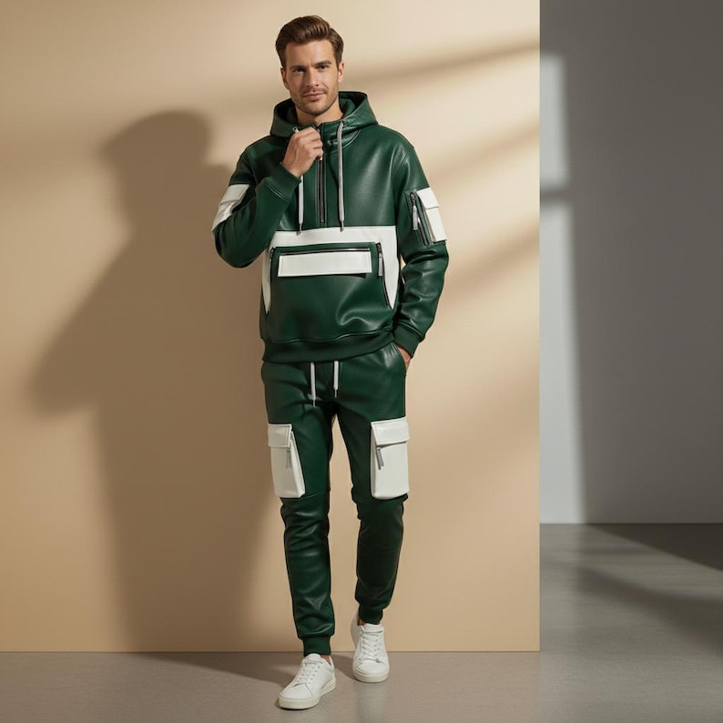 May include: Green and white faux leather hooded sweatshirt and matching pants. The sweatshirt has a white panel across the chest and white stripes on the sleeves. The pants have white pockets. The outfit is paired with white sneakers.
