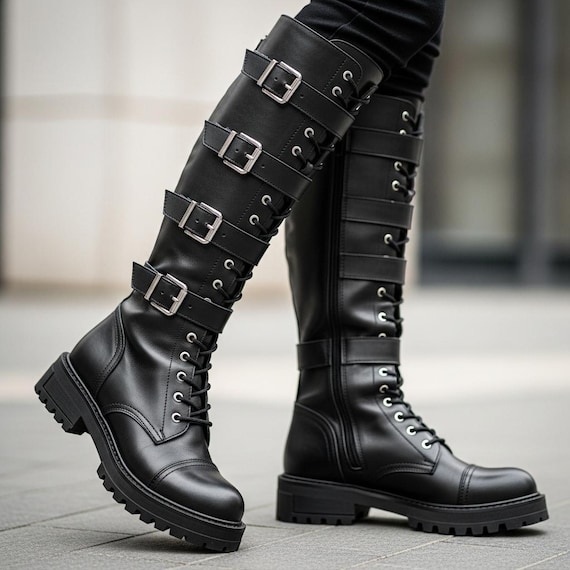 Black Leather Buckled Knee-High Boots – Handmade Custom Fit | Long Leather Footwear
