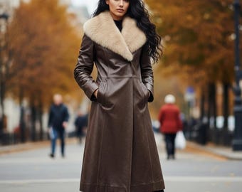 Women’s Brown Leather Coat with Fur Collar | Long winter trench | Handmade Genuine Leather | Custom fit