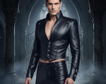 Handmade Black Leather Gothic Suit | Coat + Pants Set | Custom Men's Dark Fantasy Outfit