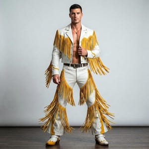 Könnte beinhalten: Ein Set aus weißer Lederjacke und passender Hose mit langen, leuchtend gelben Fransen an Brust, Ärmeln und Beinen. Die Jacke hat einen Reverskragen und silberne Knöpfe, während die Hose mit einem braunen Ledergürtel mit Schnalle versehen ist.