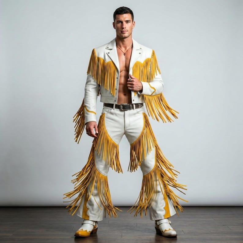 Puede incluir: Un conjunto de chaqueta y pantal&oacute;n de cuero blanco con largos flecos de color amarillo vibrante en el pecho, las mangas y las piernas. La chaqueta tiene cuello de solapa y botones plateados, mientras que el pantal&oacute;n incluye un cintur&oacute;n de cuero marr&oacute;n.