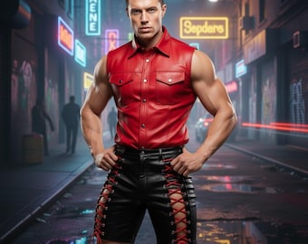 Conjunto de camisa de cuero y pantalones cortos con cordones para hombre, camisa roja sin mangas y pantalones cortos de cuero negros, atuendo gótico urbano, ropa para festivales.