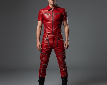 Men Red Leather Biker Set – Handmade Moto Leather Shirt and Pants Outfit Gothic Streetwear Designer Suit