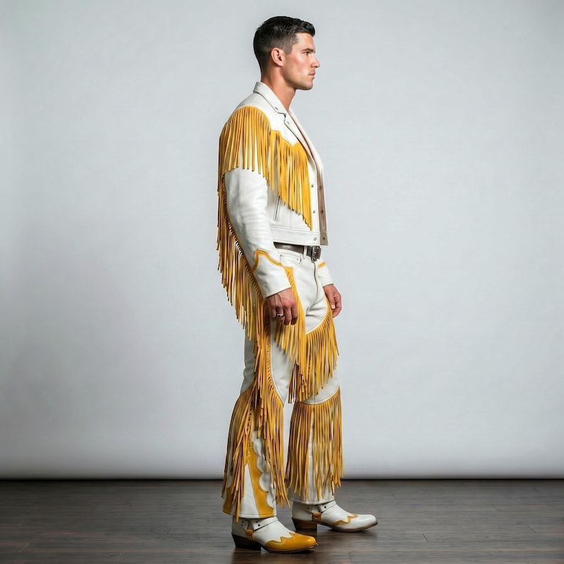 Puede incluir: Un conjunto de chaqueta y pantal&oacute;n de cuero blanco con largos flecos de color amarillo vibrante a lo largo de las mangas, los hombros y las piernas. El atuendo incluye una chaqueta con cuello y cremallera y un pantal&oacute;n con cintur&oacute;n marr&oacute;n.