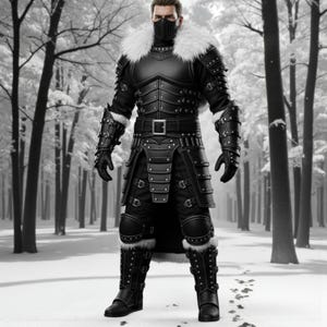 Puede incluir: Un atuendo de guerrero de invierno de cuero negro y piel. El atuendo incluye una máscara, un cuello forrado de piel y un conjunto completo de armadura con detalles tachonados. El guerrero está en un bosque nevado.