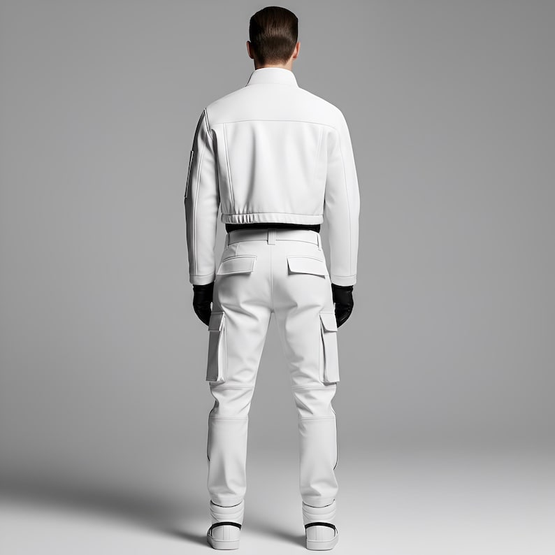 May include: A white jacket and cargo pants set. The jacket is cropped with a high collar and black trim. The pants have multiple pockets and a slim fit. The outfit is completed with black gloves and white sneakers. The model is facing away from the camera.