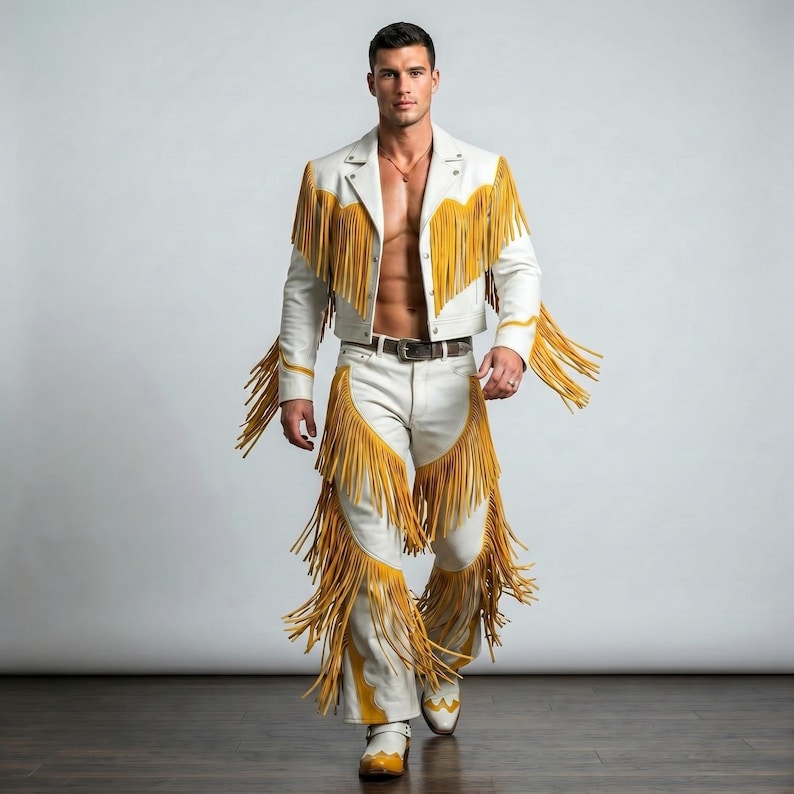 Puede incluir: Un conjunto de chaqueta y pantal&oacute;n de cuero blanco con largos flecos de color amarillo vibrante en el pecho, los hombros y a lo largo de las piernas. La chaqueta tiene cuello de solapa y botones plateados, y el pantal&oacute;n incluye un cintur&oacute;n marr&oacute;n.