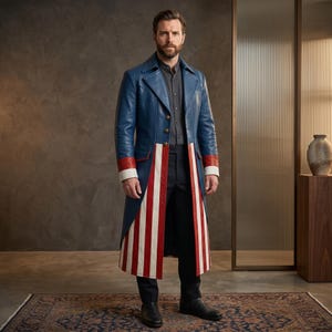 Puede incluir: Un abrigo largo de cuero azul con un patr&oacute;n de rayas verticales rojas y blancas en los paneles frontales inferiores, solapas anchas y botones de color lat&oacute;n. Se lleva sobre una camisa gris oscuro y pantalones oscuros, creando un estilo definido.