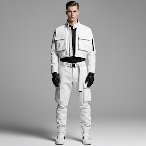 May include: A white jacket with multiple pockets, a black shirt, and white pants with black accents. The outfit includes a black belt, black gloves, and white high-top sneakers. The jacket has a stand-up collar and a zipper closure.
