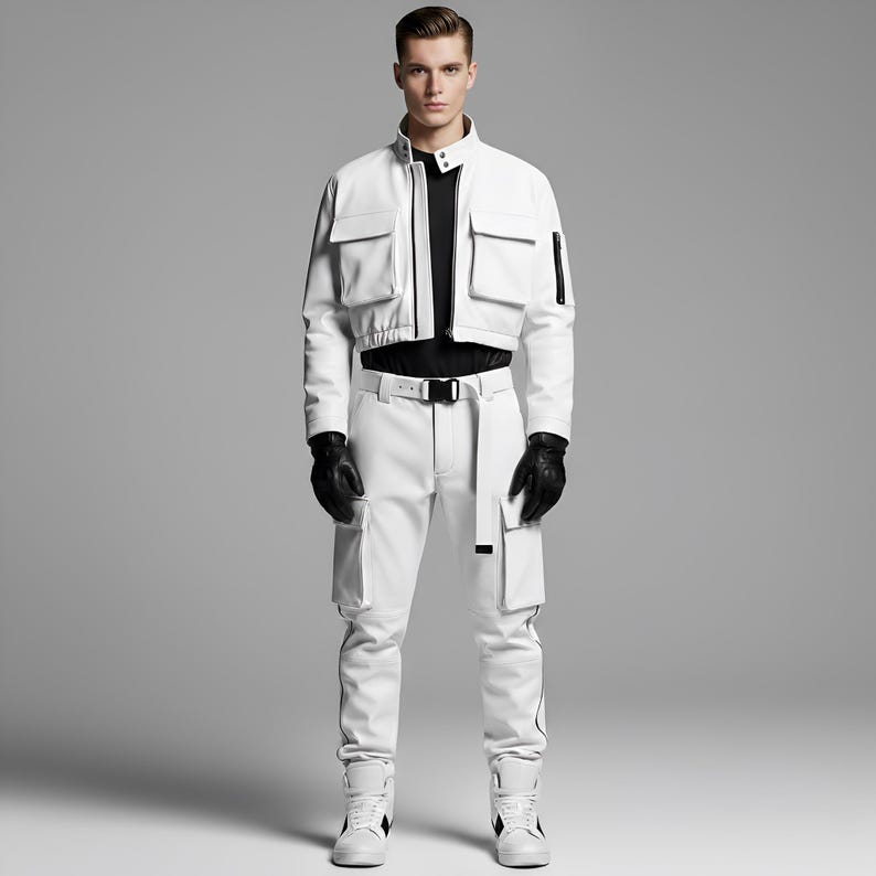 May include: A white jacket with multiple pockets, a black shirt, and white pants with black accents. The outfit includes a black belt, black gloves, and white high-top sneakers. The jacket has a stand-up collar and a zipper closure.