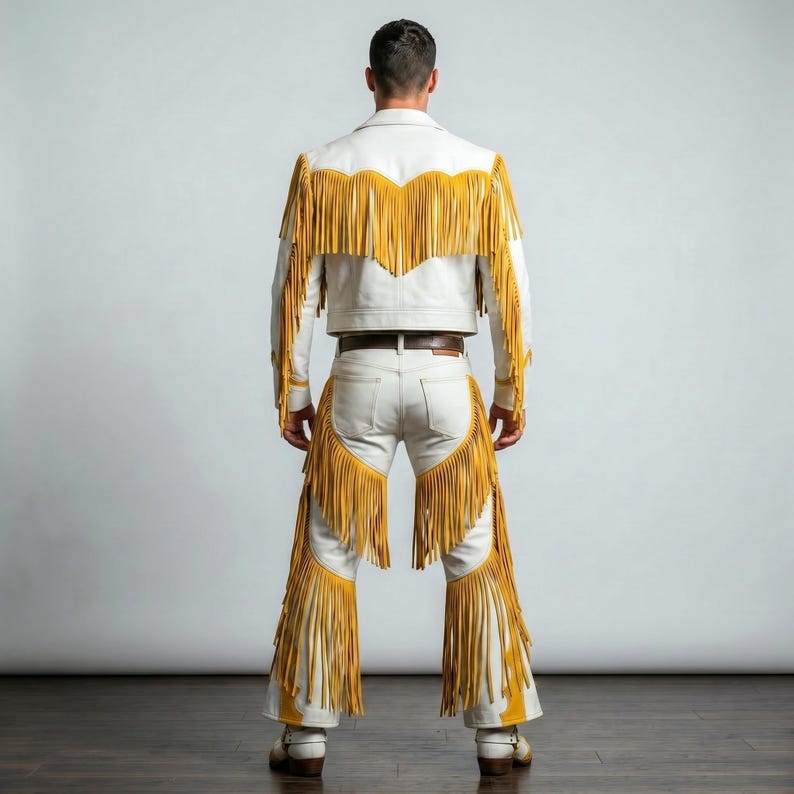 Puede incluir: Una chaqueta de cuero blanco y pantalones de cuero blanco a juego con largos flecos de color amarillo vibrante en la espalda, las mangas y a lo largo de las piernas. El conjunto incluye un cintur&oacute;n de cuero marr&oacute;n y botas blancas de tac&oacute;n bajo.