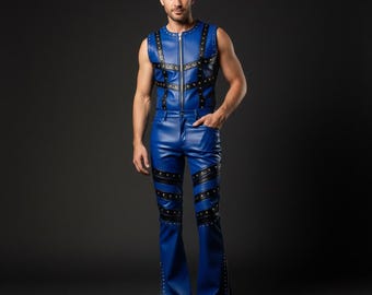 Men Royal Blue Leather Vest and Flared Pants Set – Handmade Studded Gothic Rockstar Outfit