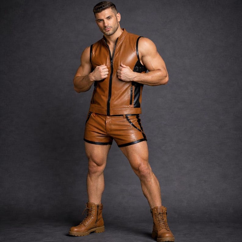 May include: A brown leather vest and shorts set with black trim. The vest has a zip-up front and black accents on the shoulders. The shorts have black trim along the edges. The model is wearing brown boots.
