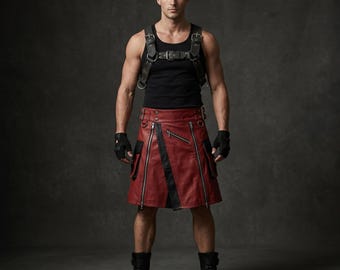 Red Black Leather Kilt Harness Set Men Gothic Kilt Outfit Biker Leather Skirt Utility Kilt