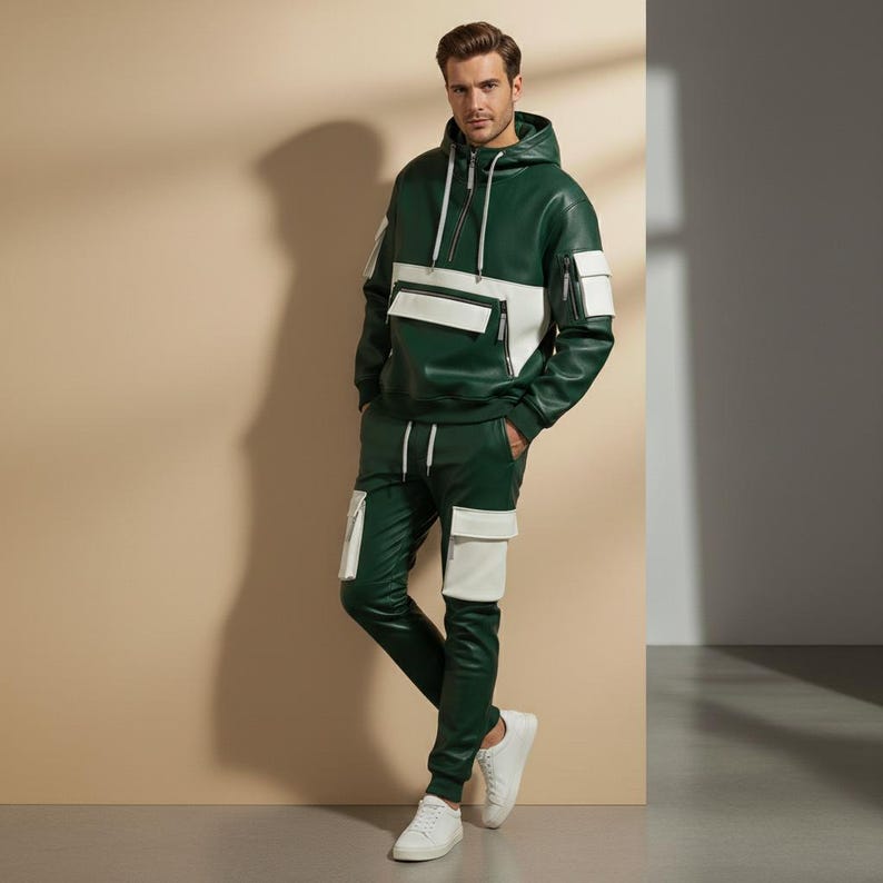 May include: A green and white leather hoodie and matching pants set. The hoodie has a front pocket and white accents. The pants have white pockets. The model is wearing white sneakers. The outfit is made of a leather-like material.