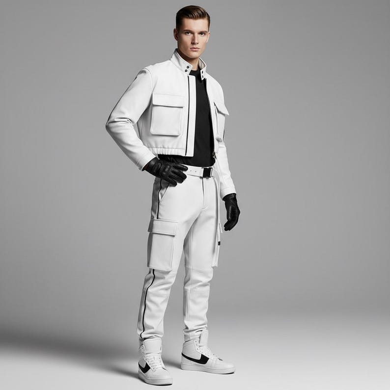 May include: A white leather jacket with black trim, paired with matching white cargo pants and high-top sneakers. The outfit includes a black shirt, belt, and gloves. The jacket has two front pockets and a stand-up collar.