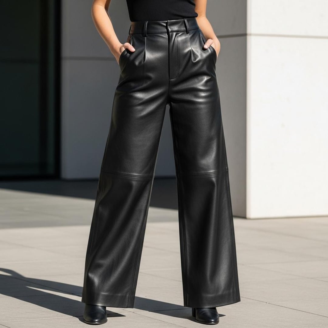 Women's Black Wide-leg Leather Pants | Handmade Trousers | High Waist ...