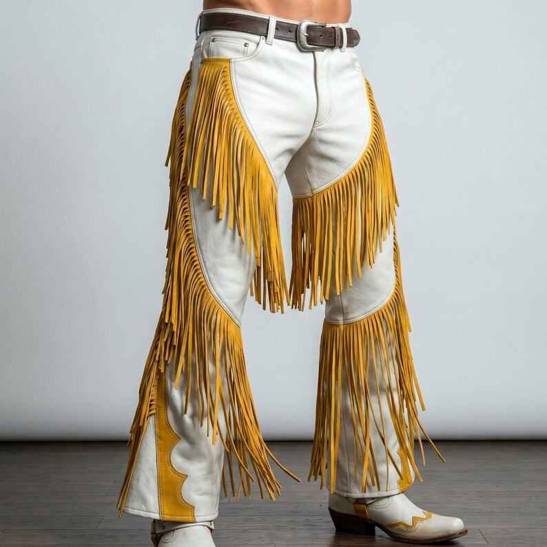 Puede incluir: Chaps de cuero blanco con largos flecos de color amarillo mostaza a lo largo de las piernas. La prenda incluye un cintur&oacute;n de cuero marr&oacute;n oscuro con una hebilla plateada en la cintura y se lleva sobre pantalones y botas de cuero blanco.