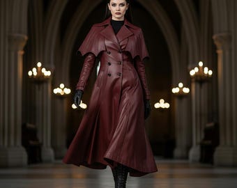 Abrigo largo de piel color burdeos para mujer | Gabardina gótica estilo vampiro | Abrigo largo de piel auténtica hecho a mano