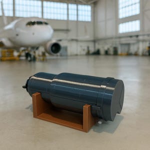 May include: A dark gray cylindrical object with a rounded end, resting on a brown rectangular stand. The object is in a large hangar with an airplane in the background.