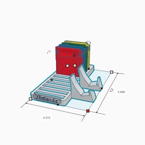 May include: A 3D-rendered Nintendo game cartridge holder. The holder is light gray with the Nintendo logo. The holder is designed to hold several game cartridges, with a red cartridge visible. The holder is 4.313 inches wide and 5.886 inches long.