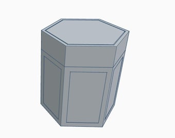 May include: A light gray, hexagonal box with a flat top and six sides. The sides have a rectangular panel design, outlined with a darker gray. The box is a simple, geometric shape, likely for storage or display.