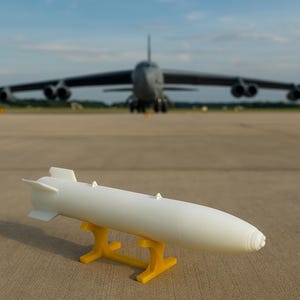 May include: A white model bomb rests on a yellow stand, with a B-52 bomber in the background. The bomb has a cylindrical body with fins and a pointed nose. The sky is blue with a few clouds.