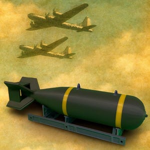Pode incluir: Ilustração de uma bomba verde-escura com faixas amarelas, repousando sobre uma estrutura de suporte verde. Acima, três aviões vintage voam contra um fundo texturizado em tons sépia, evocando um tema histórico.