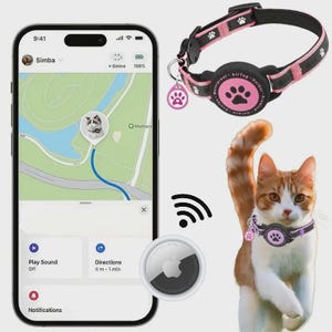 Puede incluir: Un collar negro y rosa para mascotas con diseño de huellas de pata, mostrado con un teléfono inteligente que muestra un mapa y un gato con un collar similar. También se ve un AirTag de Apple.