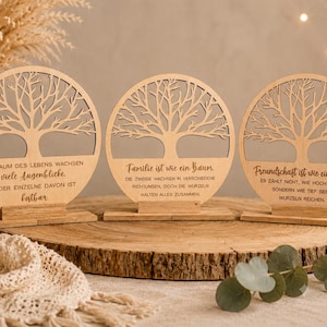 Könnte beinhalten: Drei kreisförmige Holzschilder in heller Farbe, jedes mit einem lasergeschnittenen Baummotiv im oberen Bereich und eingraviertem deutschen Text auf dem Sockel. Die Schilder stehen auf rechteckigen Holzfüßen und zeigen feine Aststrukturen.