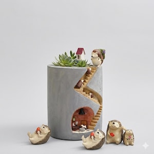 May include: A gray concrete planter with a whimsical design featuring a miniature house, stairs, and hedgehog figurines. The planter is filled with green succulents. Several hedgehog figurines are placed around the planter.