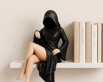 Mysterious Faceless Hooded Sitting Figurine - Gothic Shelf Decoration for Halloween