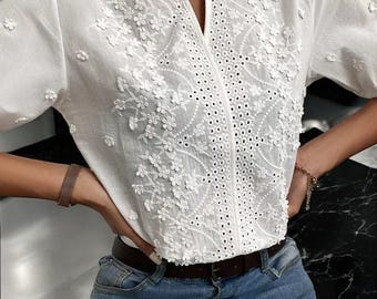 BreezyBloom Embroidered Cotton Blouse – Women’s Summer V-Neck Hollow-Out Top