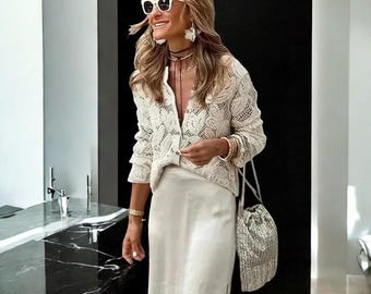 HeritageVeil Sheer Lace Blouse – Vintage-Style Long Sleeve Hollow-Out Top for Women
