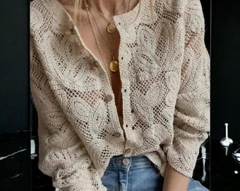 HeritageVeil Sheer Lace Blouse – Vintage-Style Long Sleeve Hollow-Out Top for Women