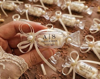 Cadeaux de mariage avec bonbons coeurs aux fruits végétaliens | Boîte à bonbons transparente avec ruban perlé | Élégants cadeaux nuptiales de douche | Des cadeaux uniques