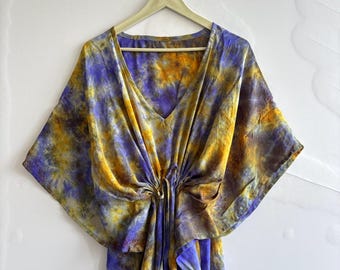 Kaftan de seda crepé, sari indio vintage con efecto tie-dye, vestido largo bohemio