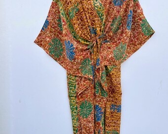 Handmade Crepe Silk Kaftan – Upcycled Vintage Sari Bohemian Resort Wear