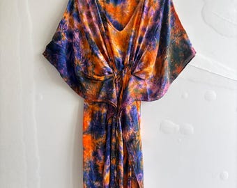 Kaftan de seda vintage, vestido sari de seda crepé con efecto tie-dye, caftán boho hecho a mano